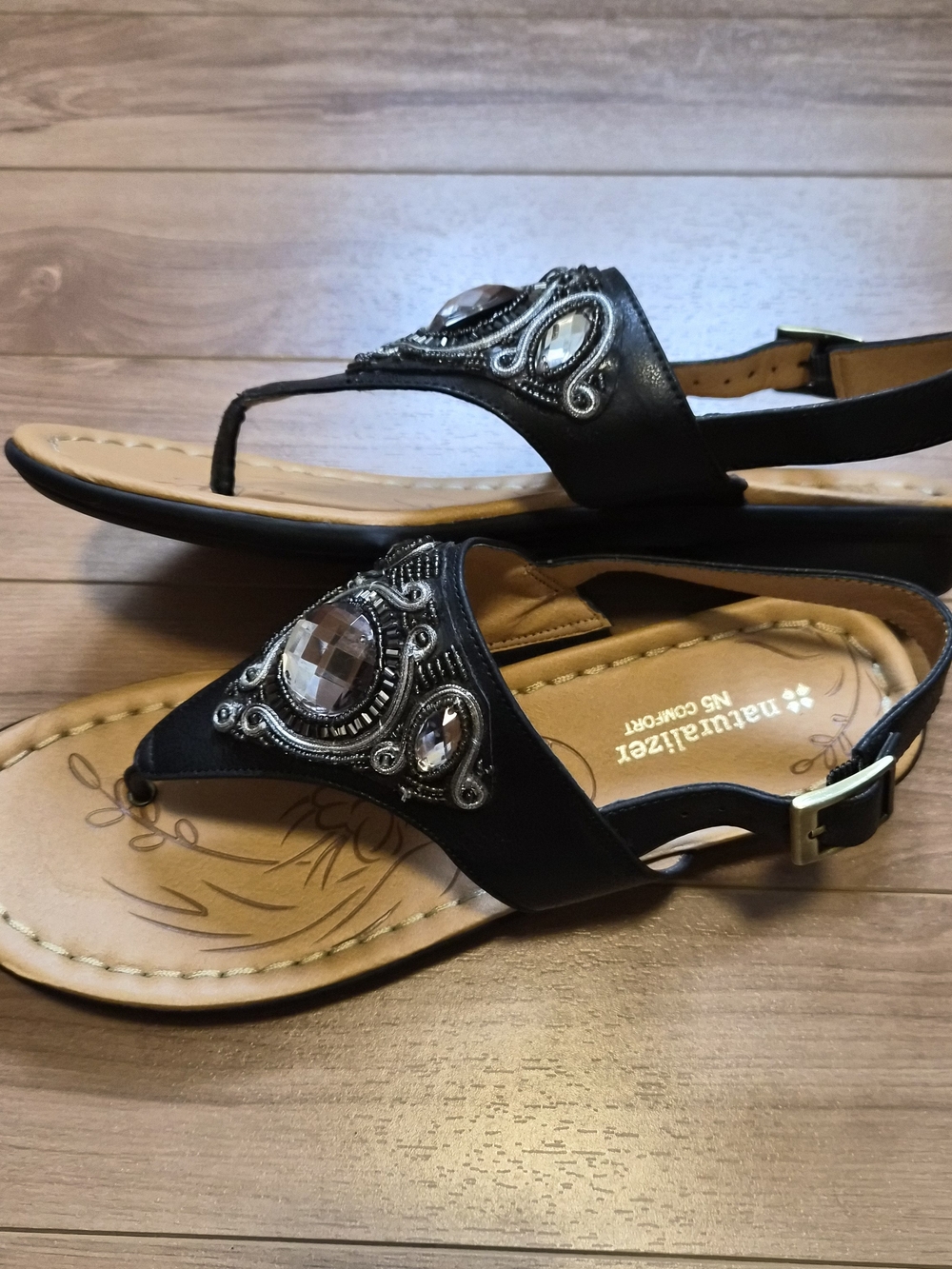 Naturalizer Black Jeweled T-Strap Slingback Sandals